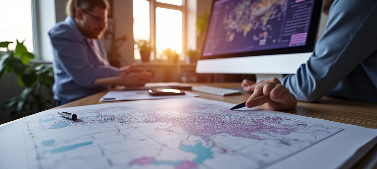 A high-detail cartographic workspace with drafting tools and digital displays