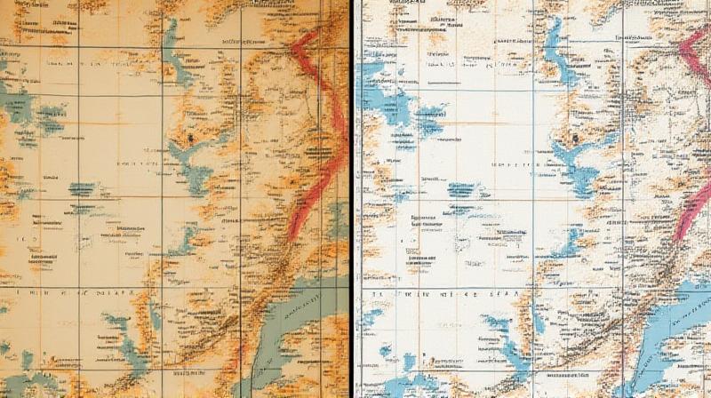 A split-screen comparison showing a damaged, torn historical map on the left and its perfectly restored digital version on the right