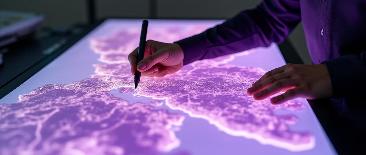 A high-detail cartographic artist working on a digital drafting tablet with layers of topographical data