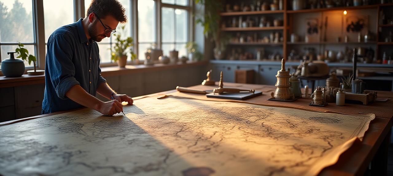 A professional cartographer working on a historical map restoration project in a clean laboratory setting
