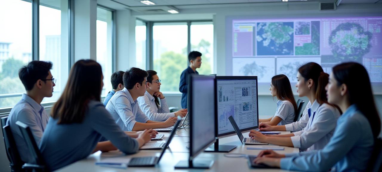 Students engaged in a GIS mapping workshop in Singapore