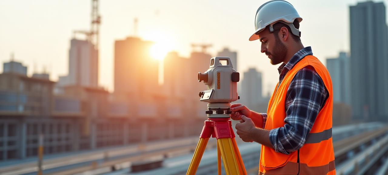 Professional land surveyor using high-precision equipment on a diverse terrain
