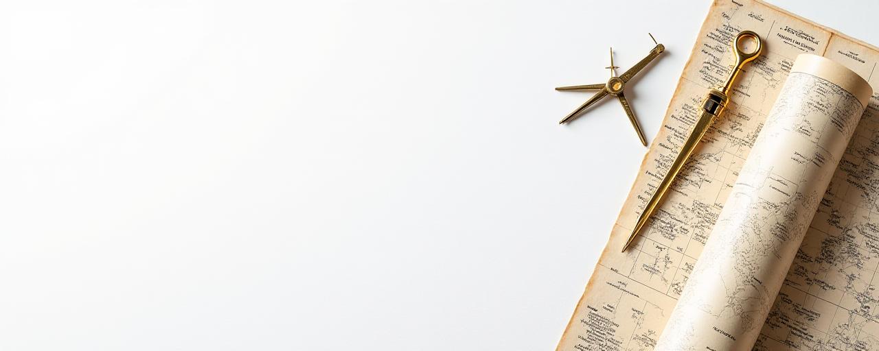 A collection of vintage and modern surveying tools on a clean white desk